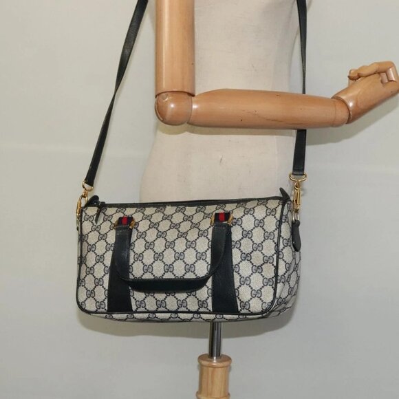 GUCCI GG Supreme Sherry Line Bag PVC 2way Navy Gold - Picture 1 of 15